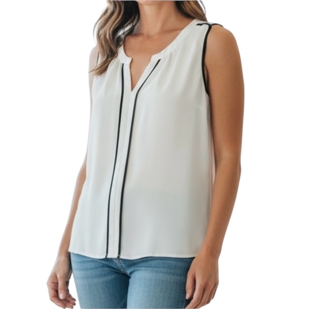 Calvin Klein Women's White and Black Trim Sleeveless Blouse L